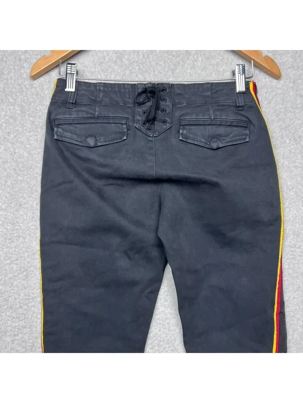 Pam & Gela Racing Stripe Step Hem Jeans Black Red Yellow Side Stripe Womens 25